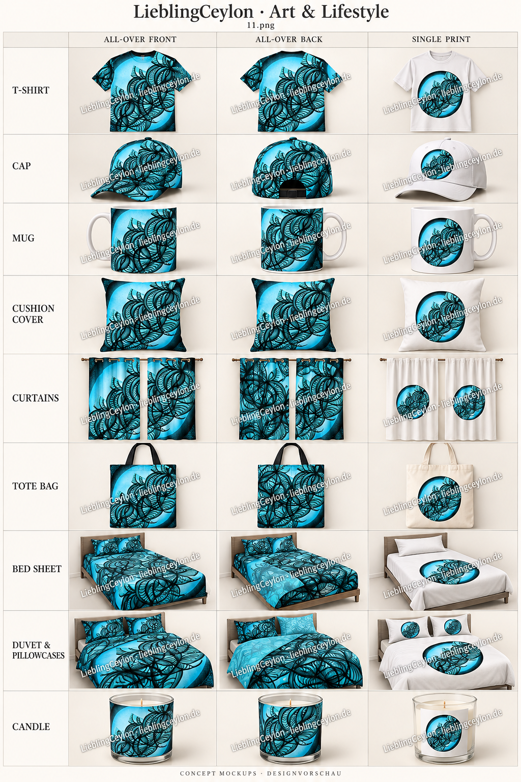 Design 11: neun Produktvorschauen mit All-over-Vorderseite, Rückseite und Einzeldruck.