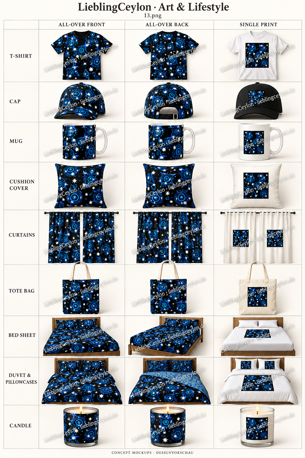 Design 13: neun Produktvorschauen mit All-over-Vorderseite, Rückseite und Einzeldruck.