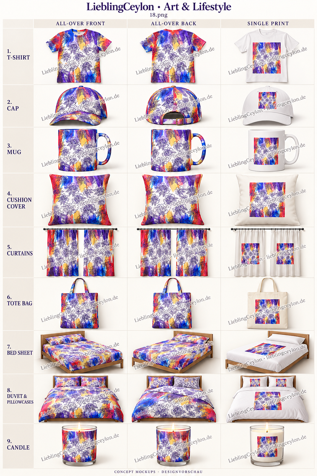 Design 18: neun Produktvorschauen mit All-over-Vorderseite, Rückseite und Einzeldruck.