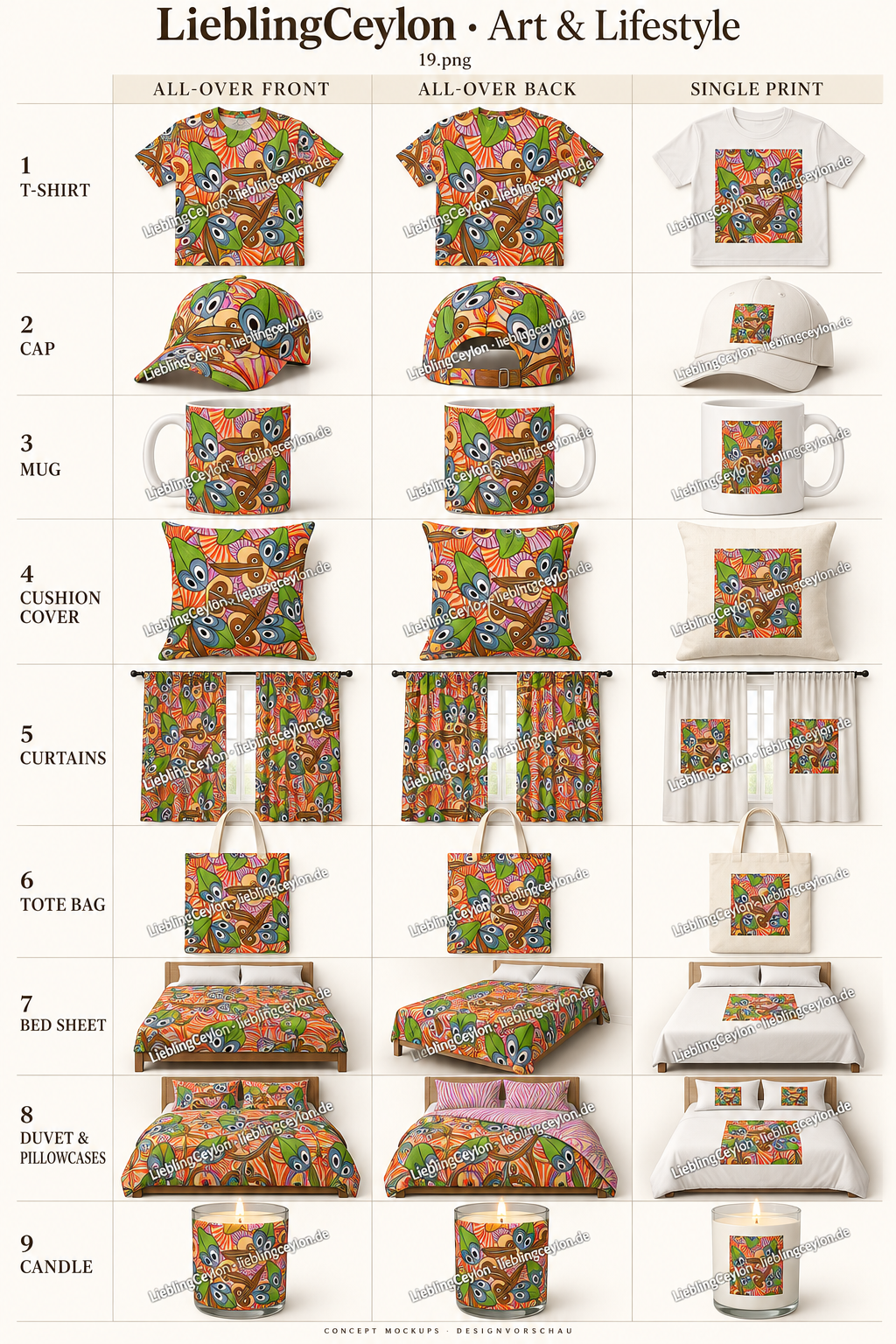 Design 19: neun Produktvorschauen mit All-over-Vorderseite, Rückseite und Einzeldruck.