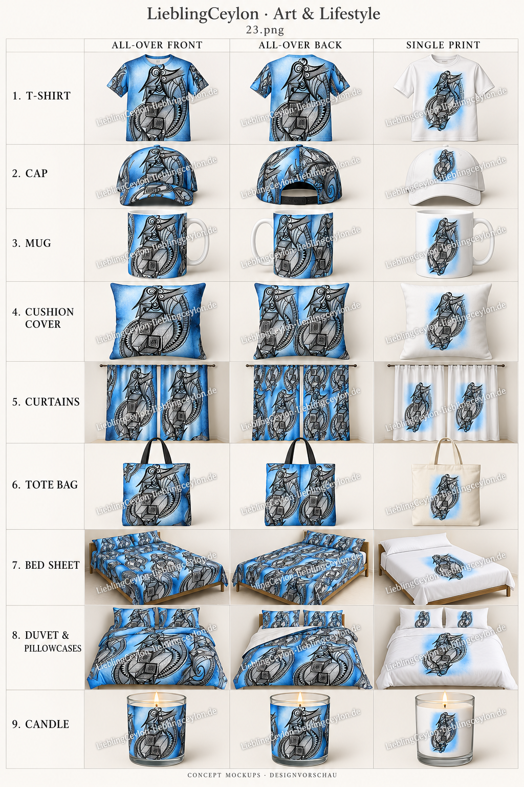 Design 23: neun Produktvorschauen mit All-over-Vorderseite, Rückseite und Einzeldruck.