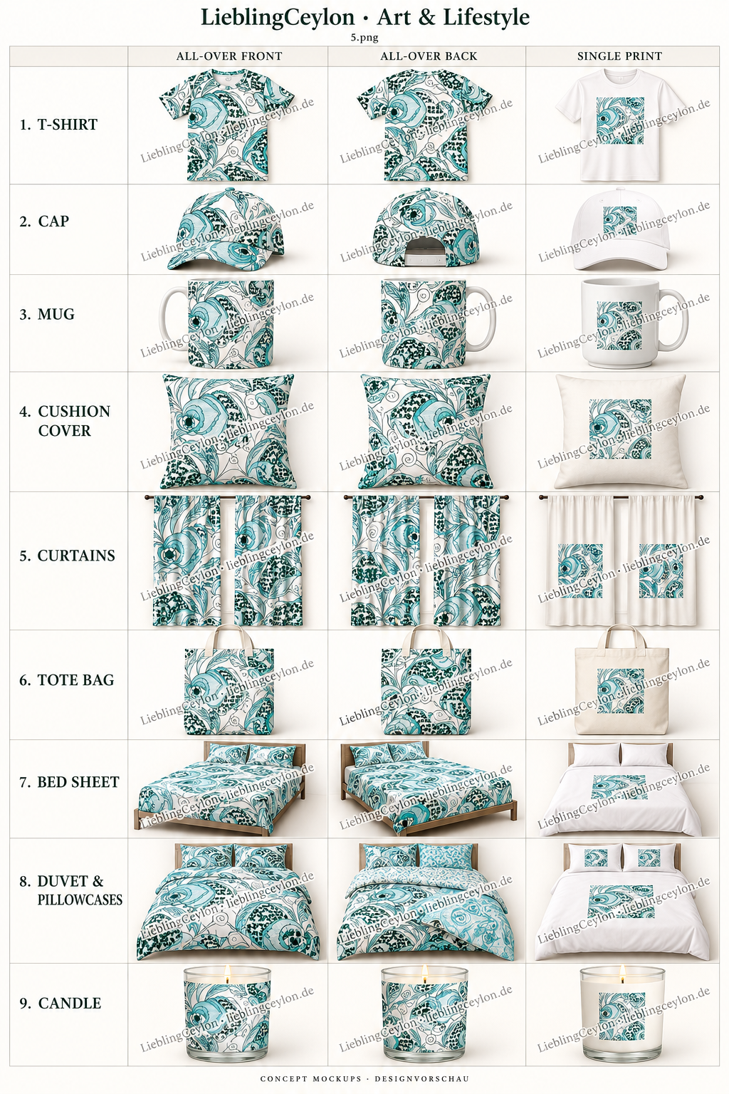 Design 05: neun Produktvorschauen mit All-over-Vorderseite, Rückseite und Einzeldruck.