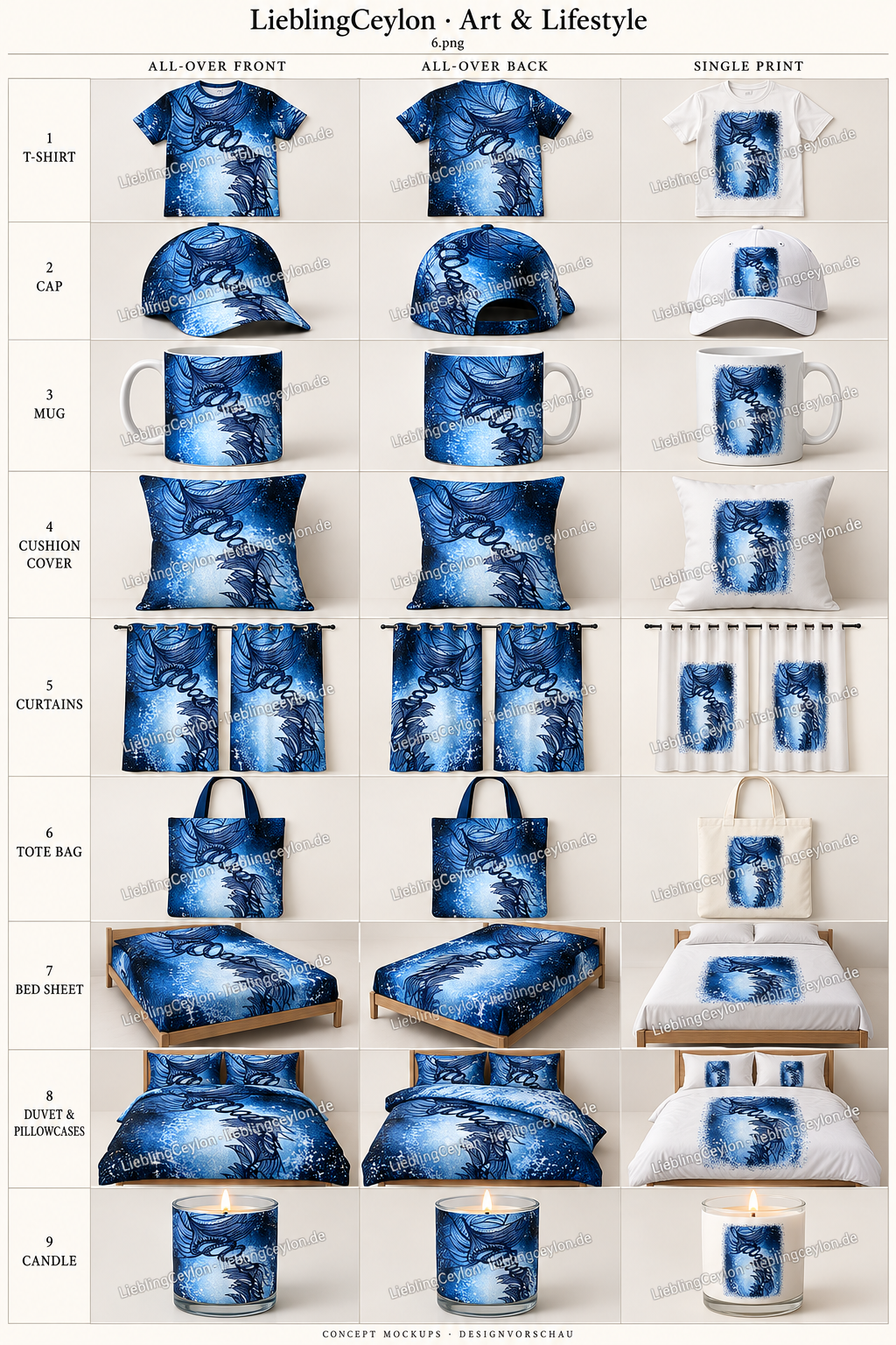Design 06: neun Produktvorschauen mit All-over-Vorderseite, Rückseite und Einzeldruck.