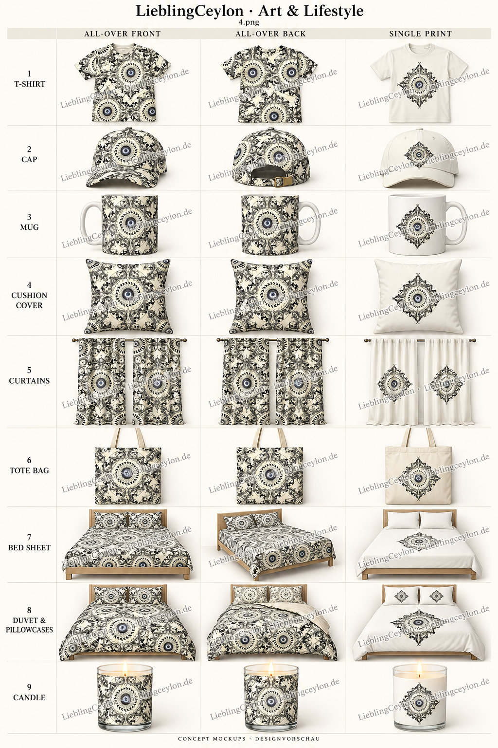 Design 04: neun Produktvorschauen mit All-over-Vorderseite, Rückseite und Einzeldruck.